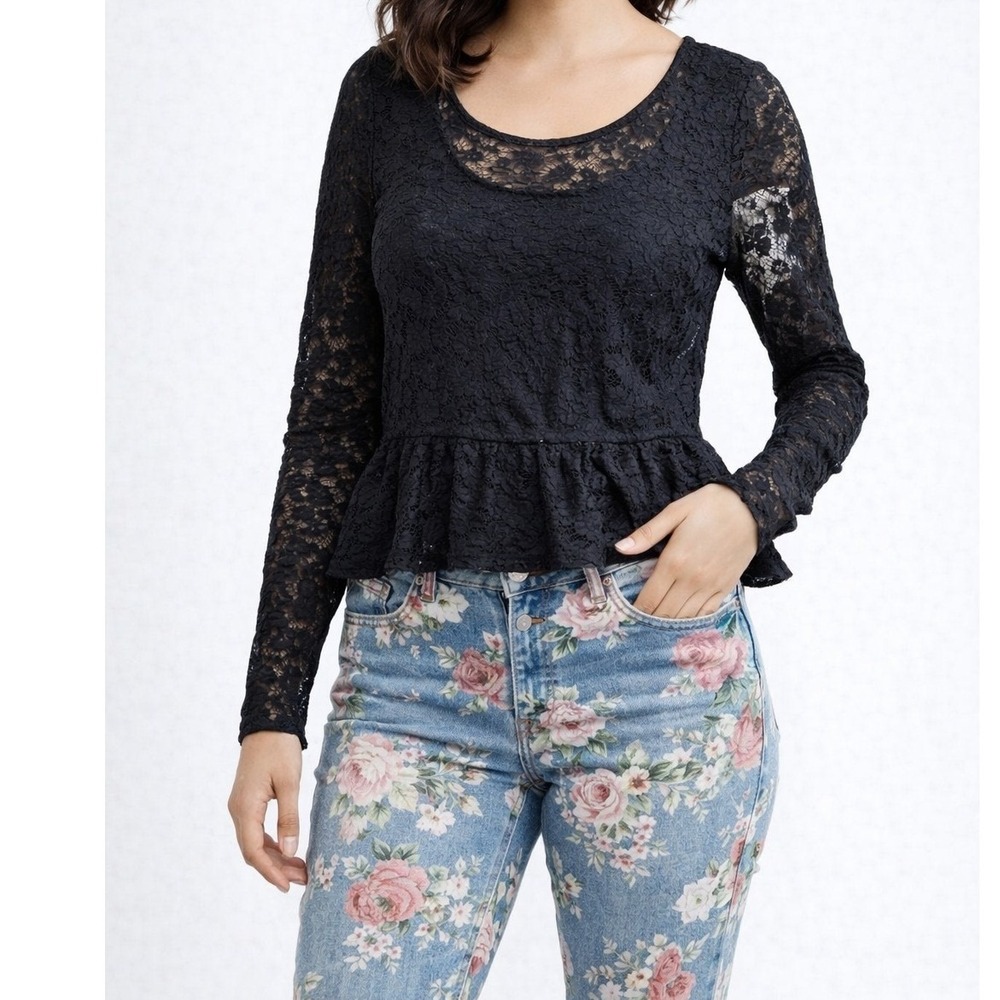 Lily Rose Women Black Floral Lace Mesh Net Peplum Top Long Sleeve Scoop Neck XL
